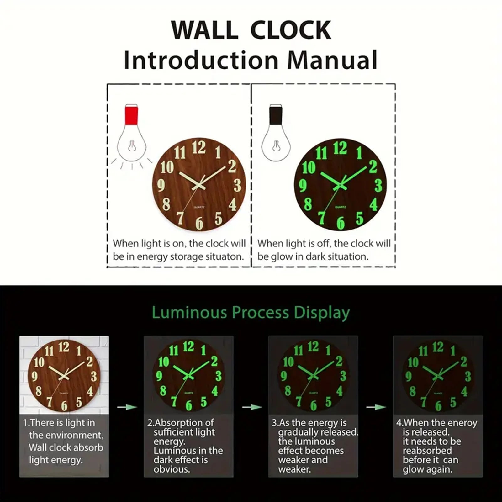 12 Inch Wooden Simple Luminous Wall Clock Silent Non Ticking Analog Clock Wall Decoration for Living Room Bedroom Office Decor