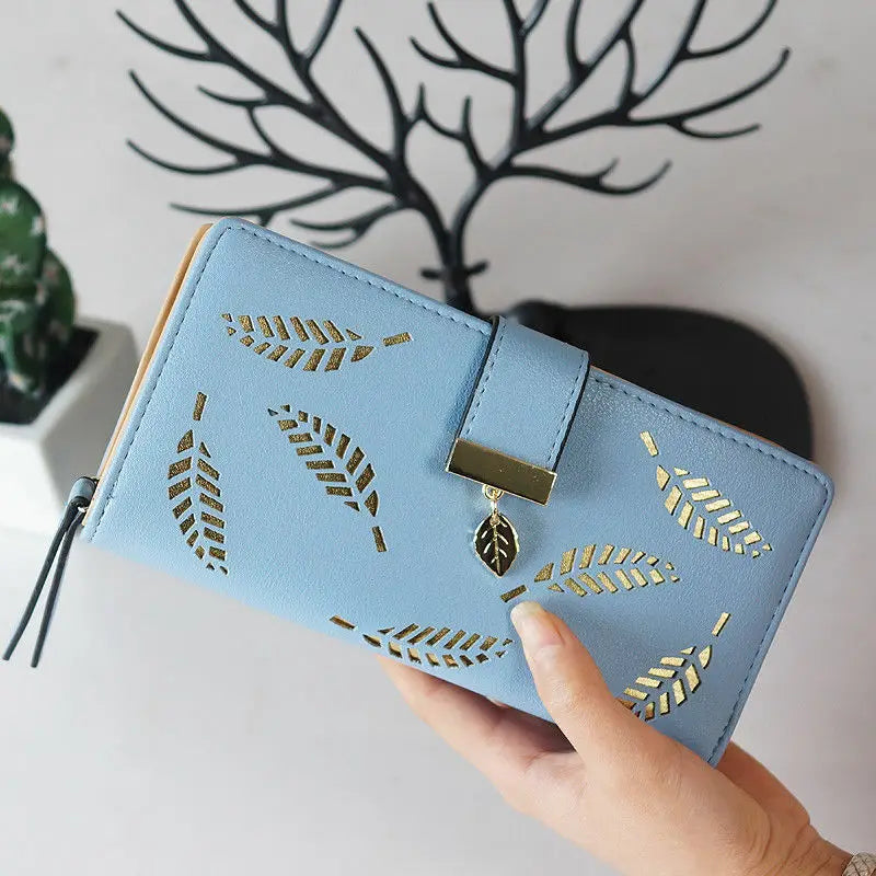 Women's Wallet PU Leather Female Long Wallet Hollow Leaves Handbag Phone Pouch For Women Gifts Coin Purse Card Holders Clutch