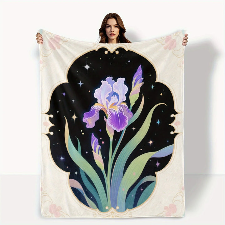 Vintage Purple Iris Flower & Starry Night Throw Blanket - 280GSM Flannel All-Season Soft Decorative Blanket for Couch, Bed, Sofa