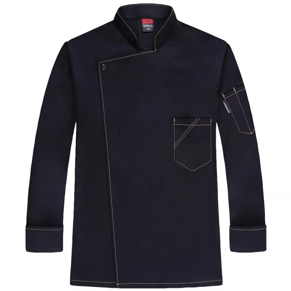 Chef Uniform Long Sleeve Warm Chef Jacket with Front Pockets Oblique Collar Suits for Men Catering for Coffee Bar  Blue XL