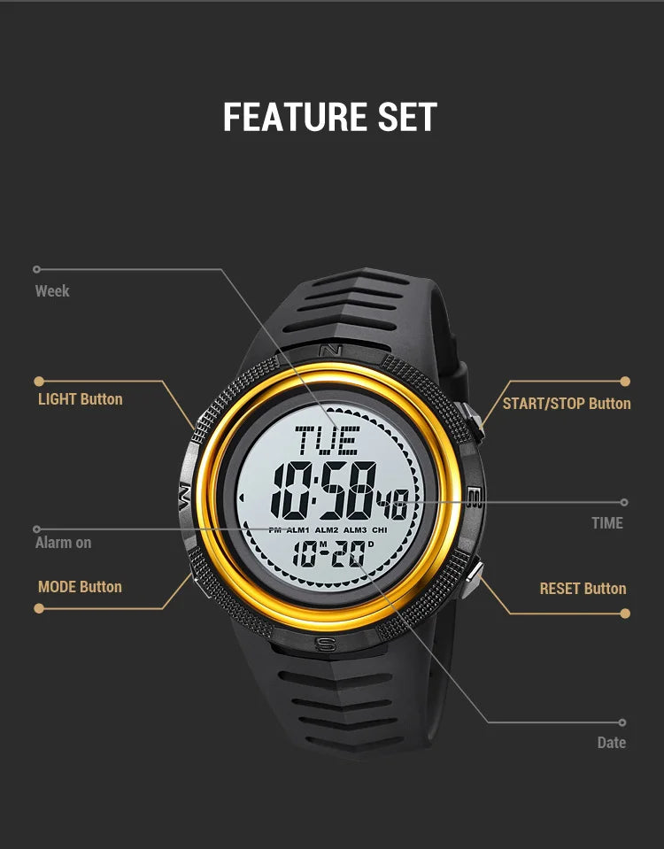 SKMEI Men's Sport Military Digital Men Watch For Men Waterproof Electronic Countdown Mens Wristwatches Outdoors Clock + Compass