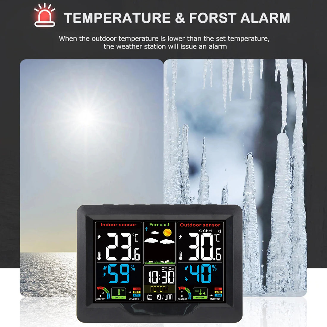Weather Forecast Station Clock RF Indoor Outdoor Color Screen Clock with RF Transmitter Digital Temperature and Humidity Detecti