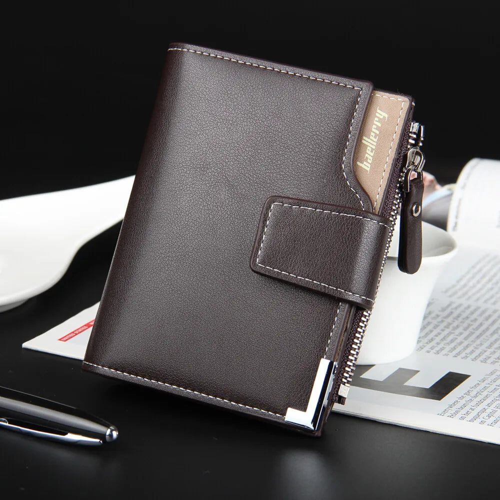 Business Mens Short Wallet PU Leather Zipper Coin Pocket Card Holder Casual Male Purses Fashion Three-fold Wallet with ID Window