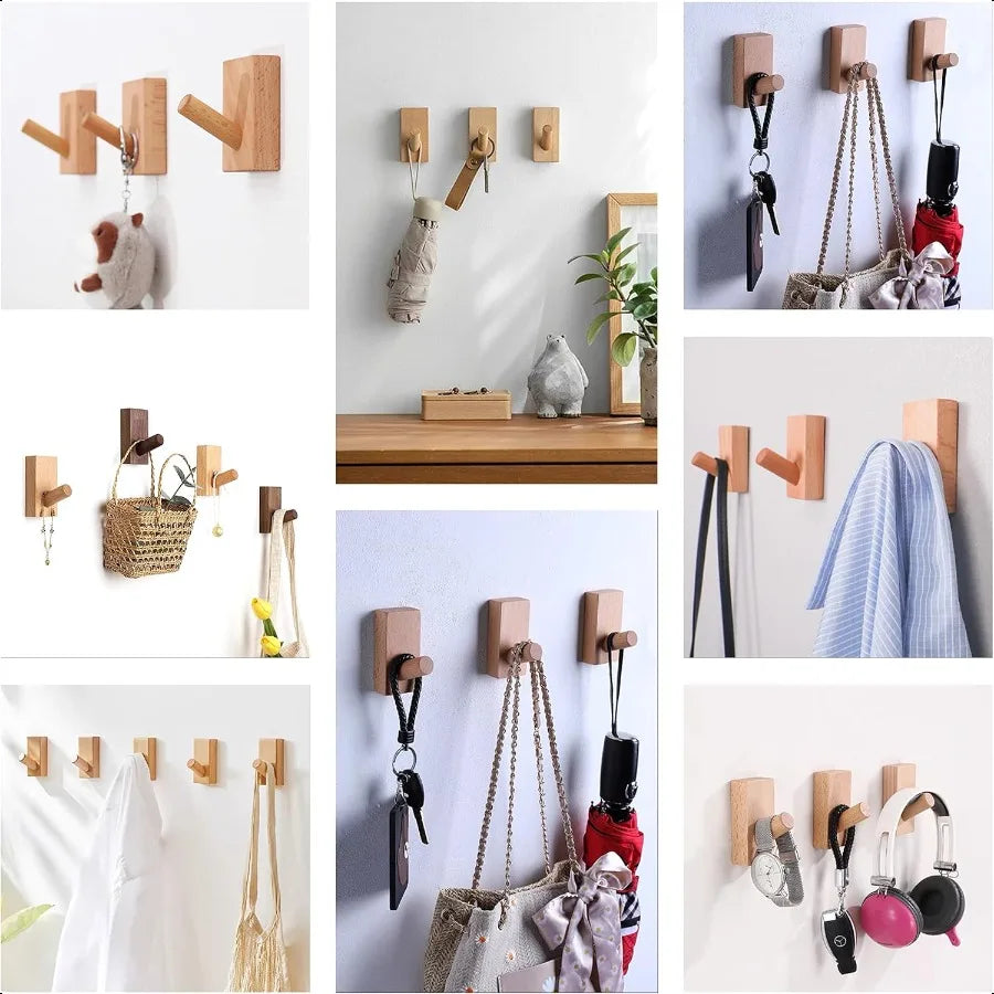 HomeDo 4Pack Adhesive Hat Rack Wooden Coat Hooks Wall Mounted Decorative Hooks Single Organizer Hat Hanger Towel Rack Heavy Dut