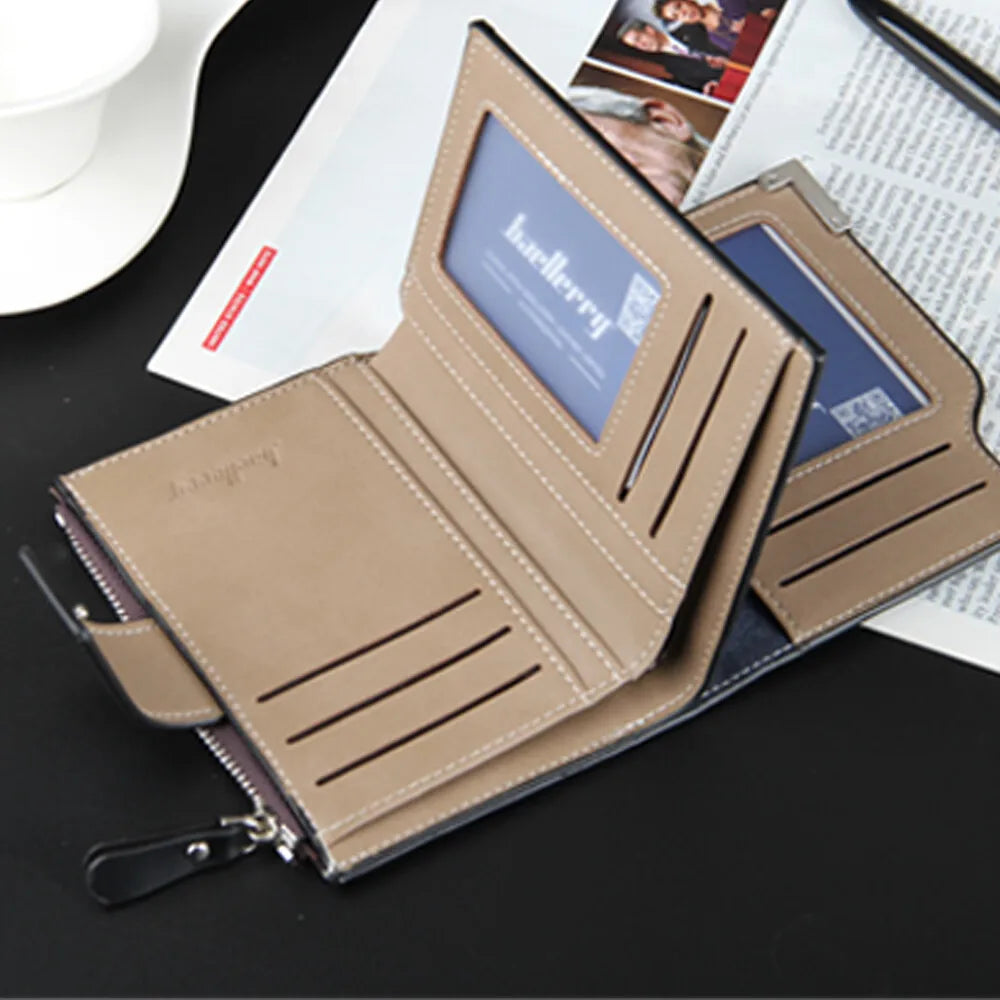 Business Mens Short Wallet PU Leather Zipper Coin Pocket Card Holder Casual Male Purses Fashion Three-fold Wallet with ID Window