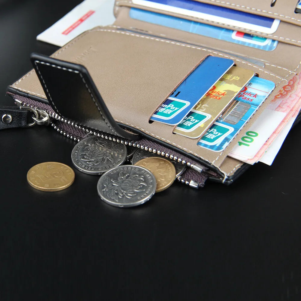 Business Mens Short Wallet PU Leather Zipper Coin Pocket Card Holder Casual Male Purses Fashion Three-fold Wallet with ID Window