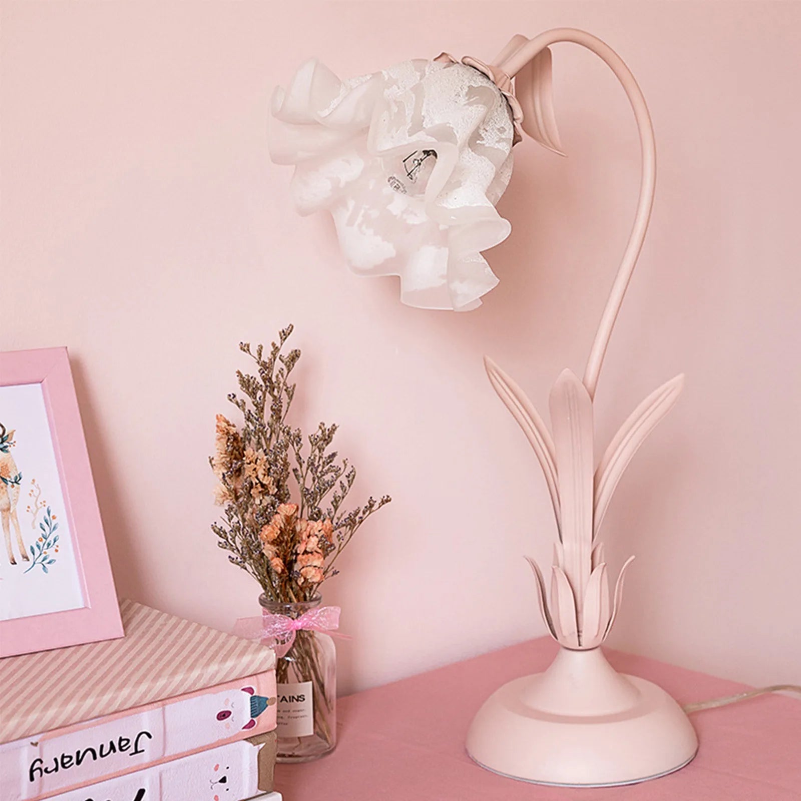 Bymaocar Pink Flower Desk Light LED Table 110V Fashional Lamp Indoor Lighting E27 Home Decor W/ Glass Lampshade for Bedroom Desk