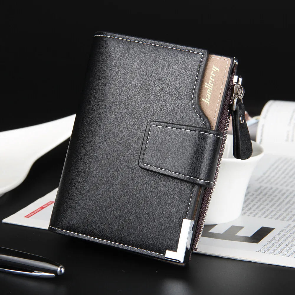 Business Mens Short Wallet PU Leather Zipper Coin Pocket Card Holder Casual Male Purses Fashion Three-fold Wallet with ID Window