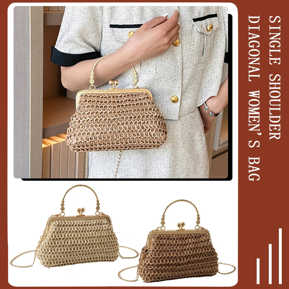 Chain Hand-woven Handbags Summer Woven Tote Bag Simple Texture Dinner Party Handmade Casual Elegant Fashion Portable Evening Bag