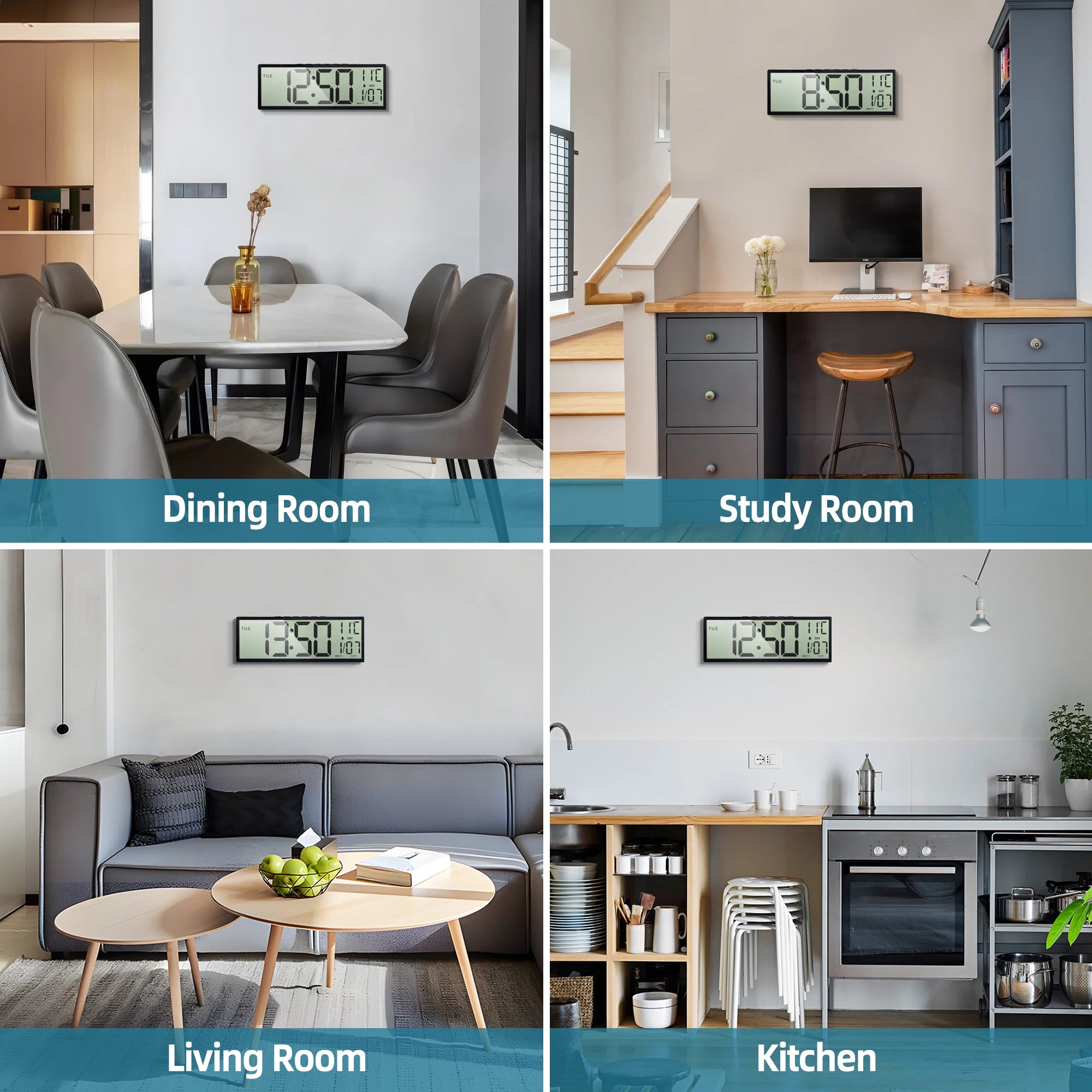 14.5" Large Digital Wall Clock Battery Operated, Clock with Large Display Numbers, Calendar, Auto DST, Clocks for Living Room