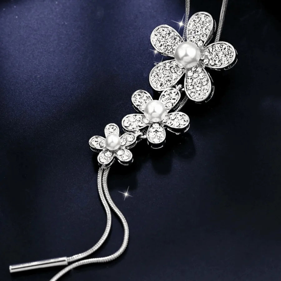 Three Flower Pendant L Necklace Inlaid Faux Pearls Elegant Long Chain Sweater Necklace Sweet Gifts For Friends