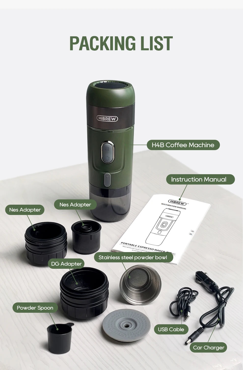 HiBREW Wireless Electric Portable Espresso Coffee Machine for Car & Home Camping Coffee Maker Fit Nespresso Dolce Capsule Powder