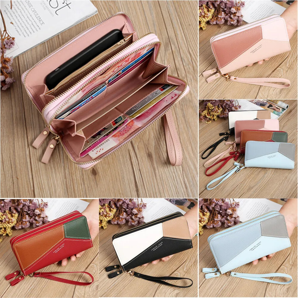 Women's Wallets Double Zipper Coin Purse Ladies Long Clutch Handbags Credit Cards Holder PU Leather Phone Bag Large Capacity