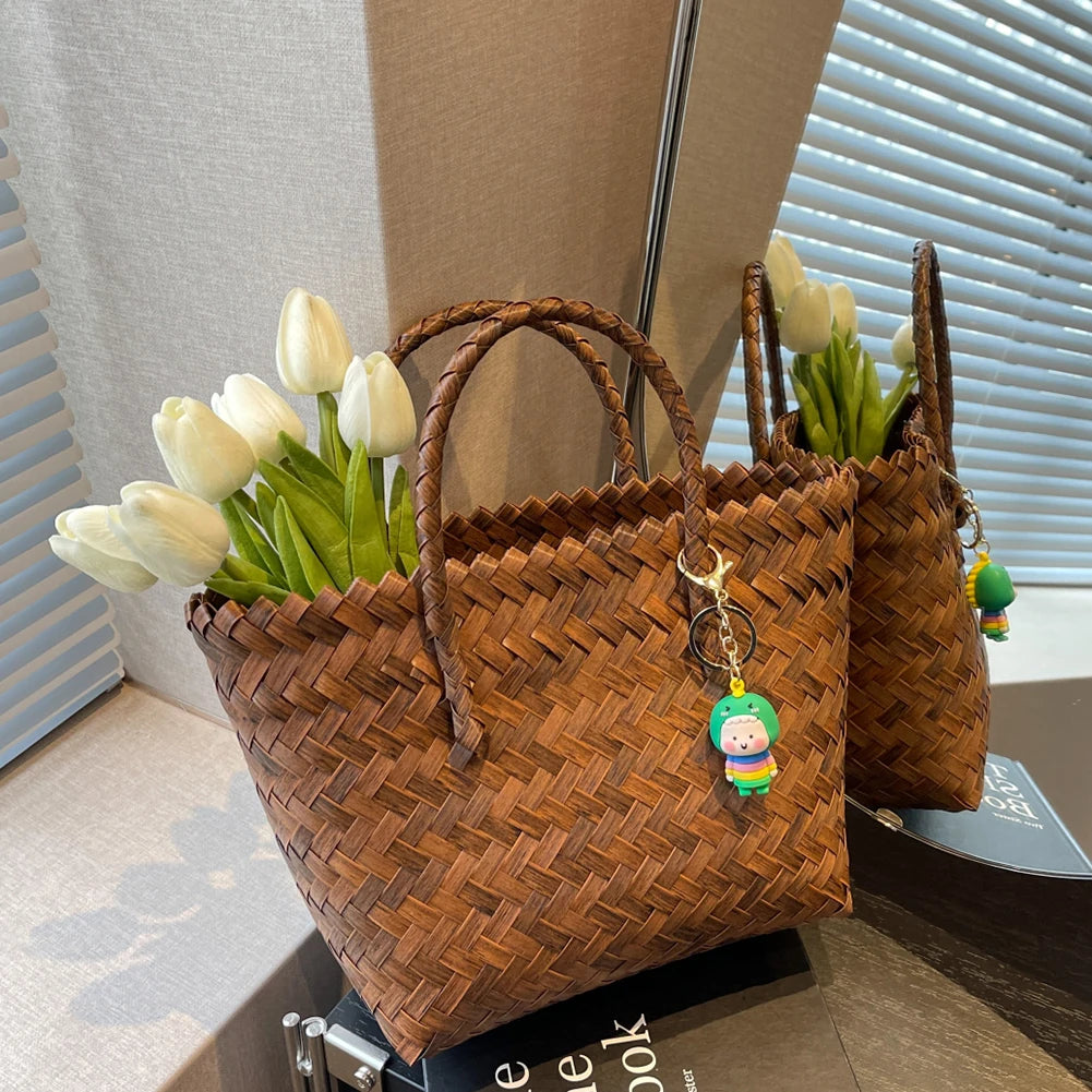 Women Weave Handbags Totes Large Capacity Summer Beach Bags Fashion for Lady for Vacation Travel Daily Casual with Cute Pendant