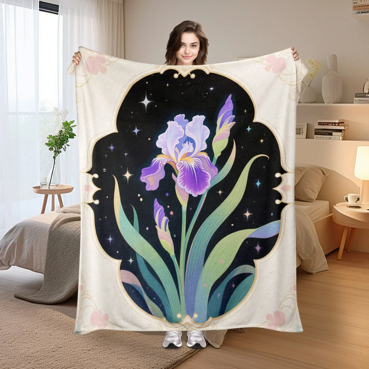 Vintage Purple Iris Flower & Starry Night Throw Blanket - 280GSM Flannel All-Season Soft Decorative Blanket for Couch, Bed, Sofa