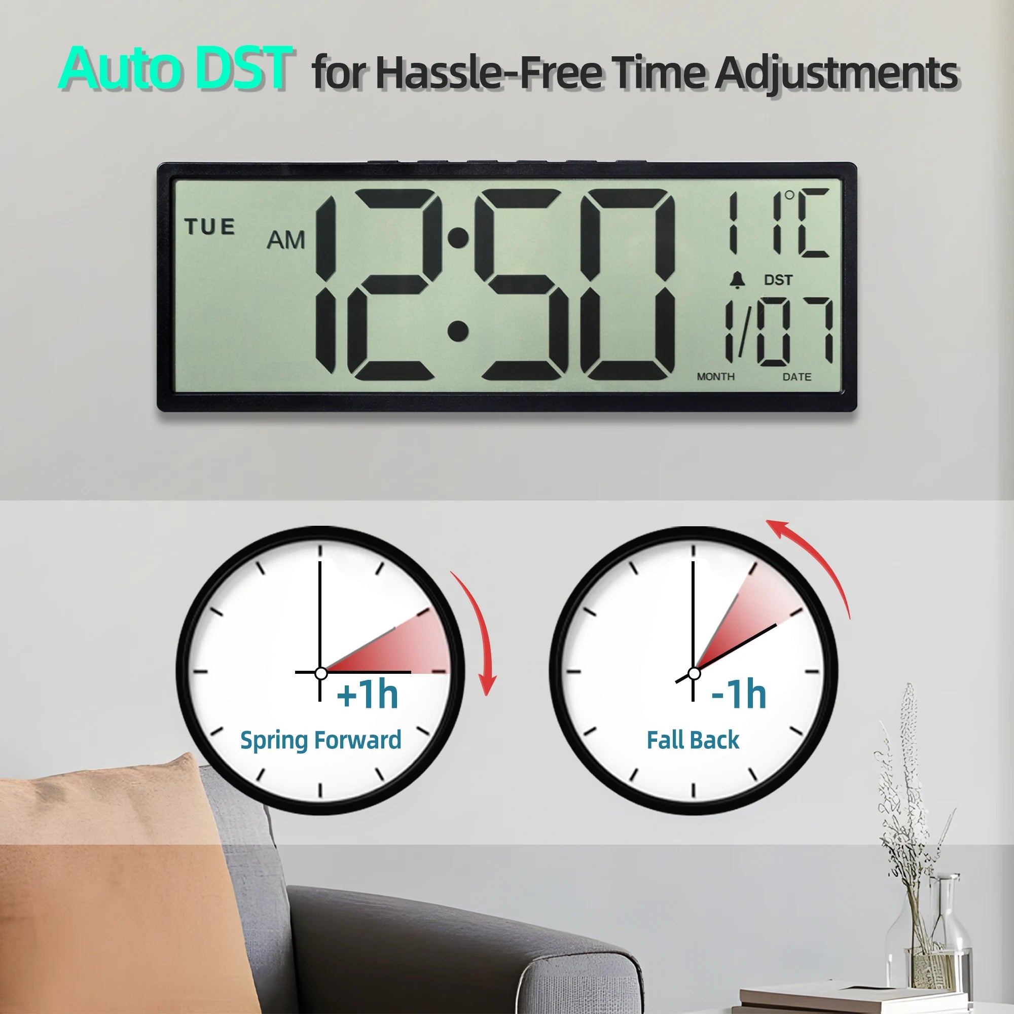 14.5" Large Digital Wall Clock Battery Operated, Clock with Large Display Numbers, Calendar, Auto DST, Clocks for Living Room
