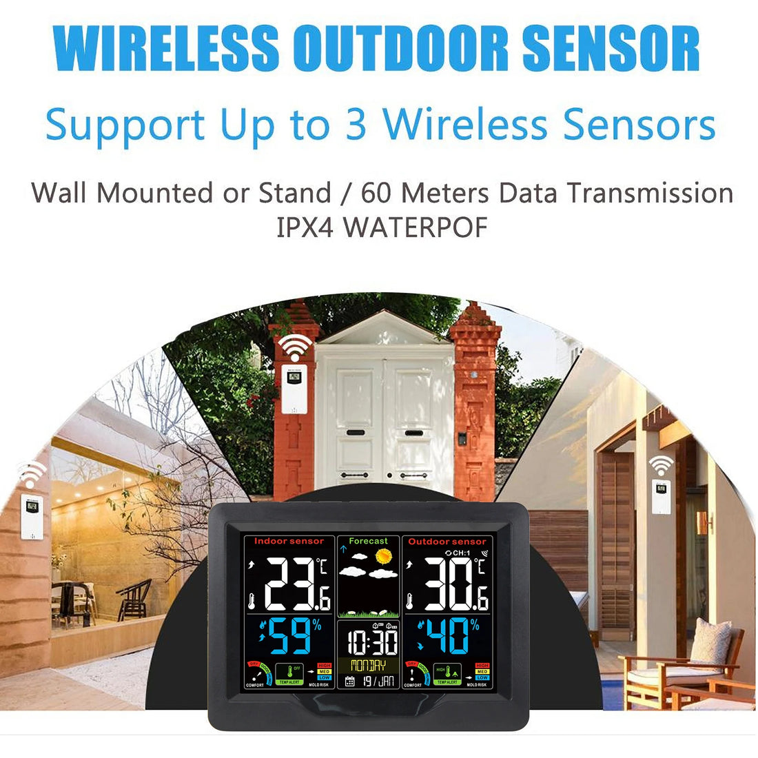 Weather Forecast Station Clock RF Indoor Outdoor Color Screen Clock with RF Transmitter Digital Temperature and Humidity Detecti