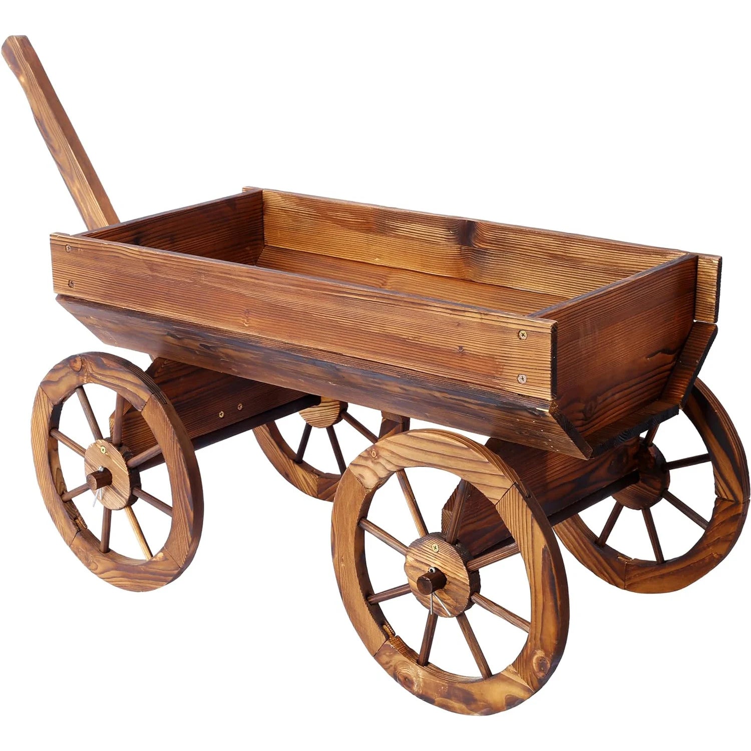 Wooden Wagon Planter Outdoor Garden Flower Planter Pot Stand with 4 Wheels Rolling Flower Cart for Plants Garden Decorative