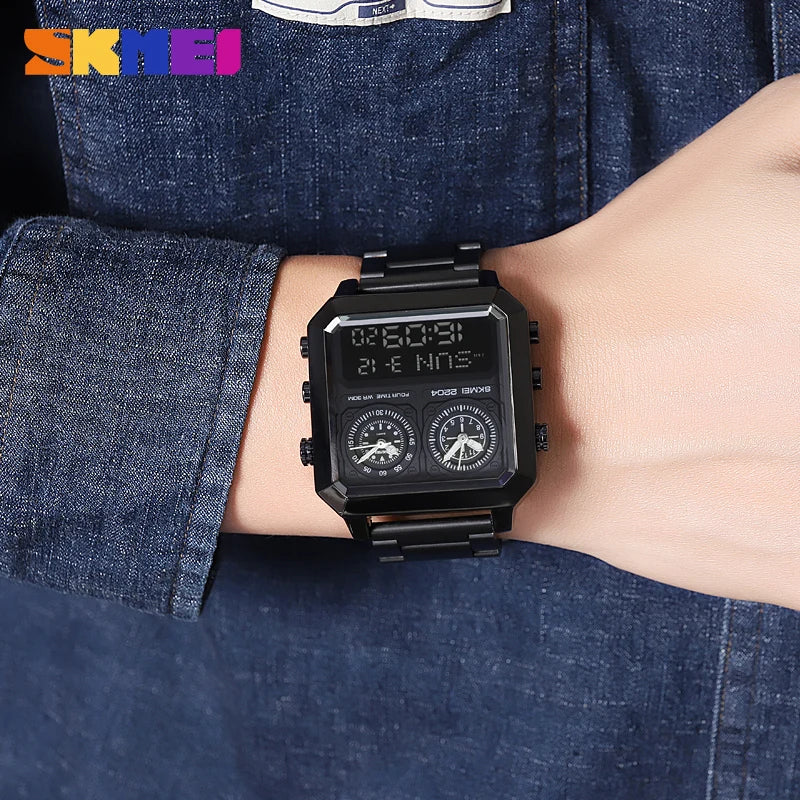 SKMEI Genuine Men's Electronic Watch Square Countdown Mary Gold Stainless Steel Strap 4 Time Timer Alarm Clock EL Luminous 2204