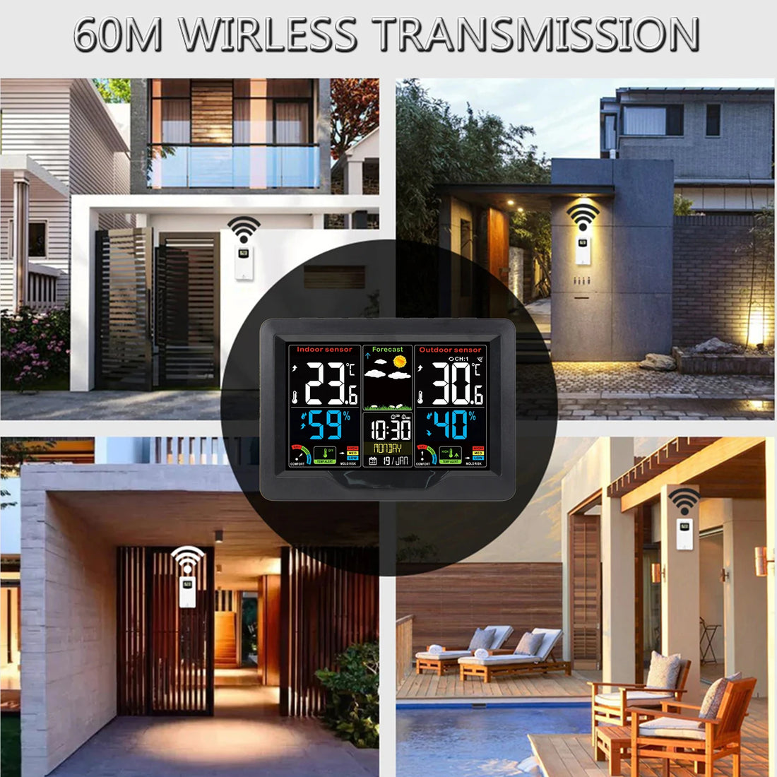 Weather Forecast Station Clock RF Indoor Outdoor Color Screen Clock with RF Transmitter Digital Temperature and Humidity Detecti