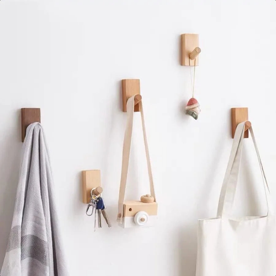 HomeDo 4Pack Adhesive Hat Rack Wooden Coat Hooks Wall Mounted Decorative Hooks Single Organizer Hat Hanger Towel Rack Heavy Dut