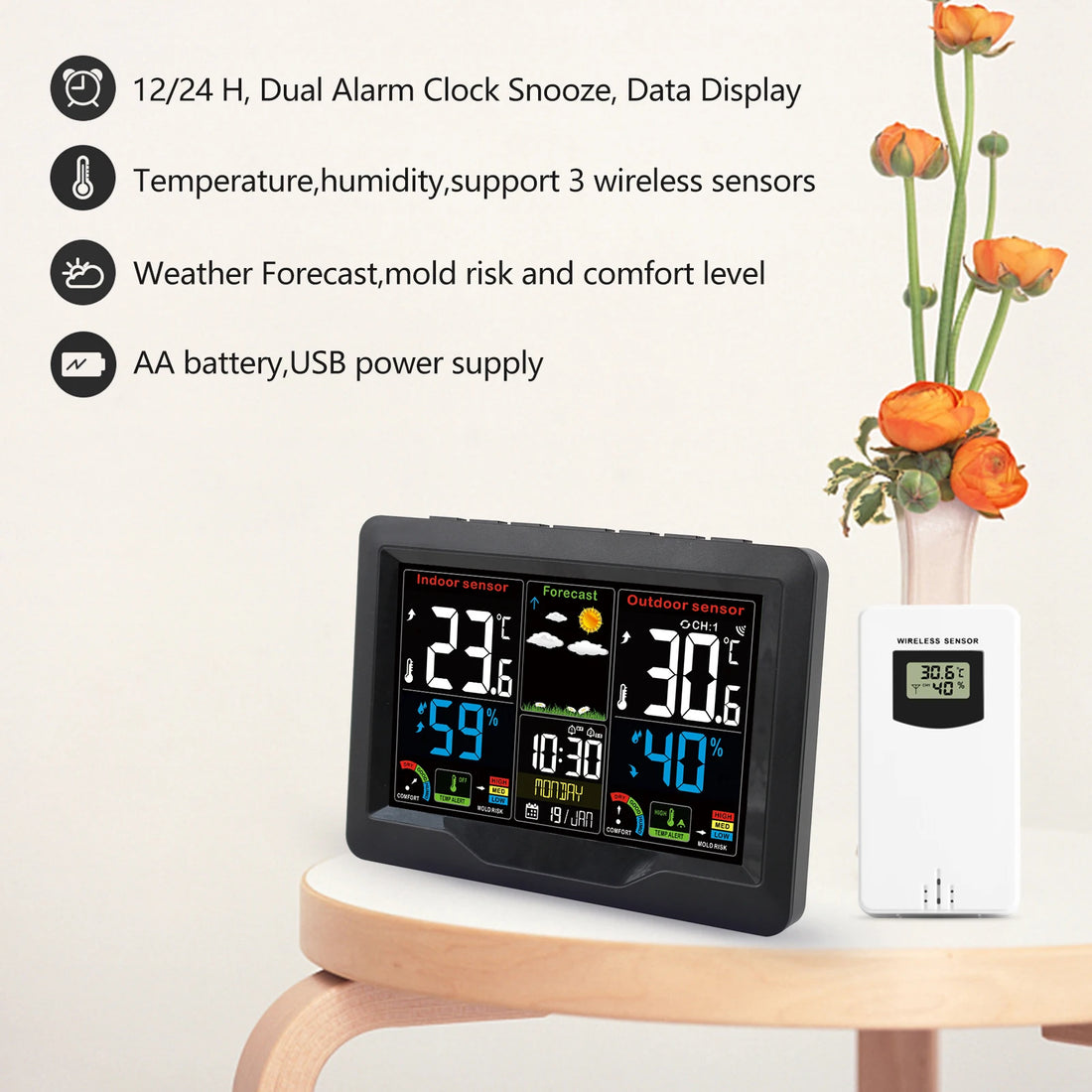 Weather Forecast Station Clock RF Indoor Outdoor Color Screen Clock with RF Transmitter Digital Temperature and Humidity Detecti