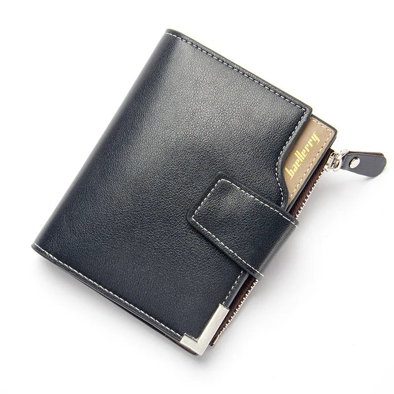 Business Mens Short Wallet PU Leather Zipper Coin Pocket Card Holder Casual Male Purses Fashion Three-fold Wallet with ID Window