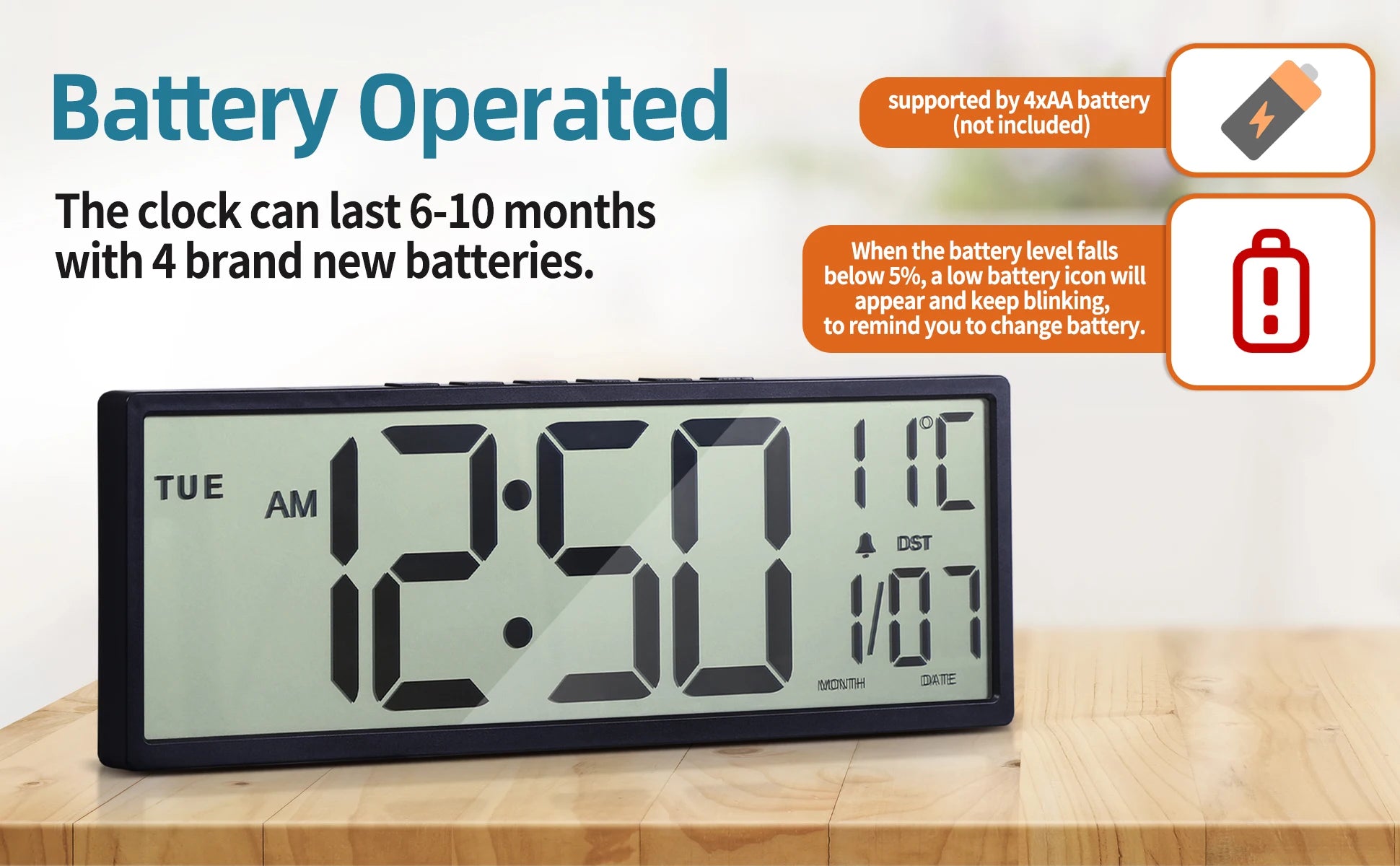 14.5" Large Digital Wall Clock Battery Operated, Clock with Large Display Numbers, Calendar, Auto DST, Clocks for Living Room