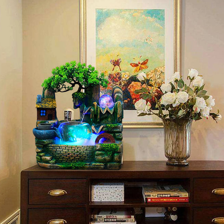 Modern LED Multicolor Tabletop Water Fountain with Mist Maker, Relaxing Decorative Fountain, Resin & Glass Desktop Water Feature
