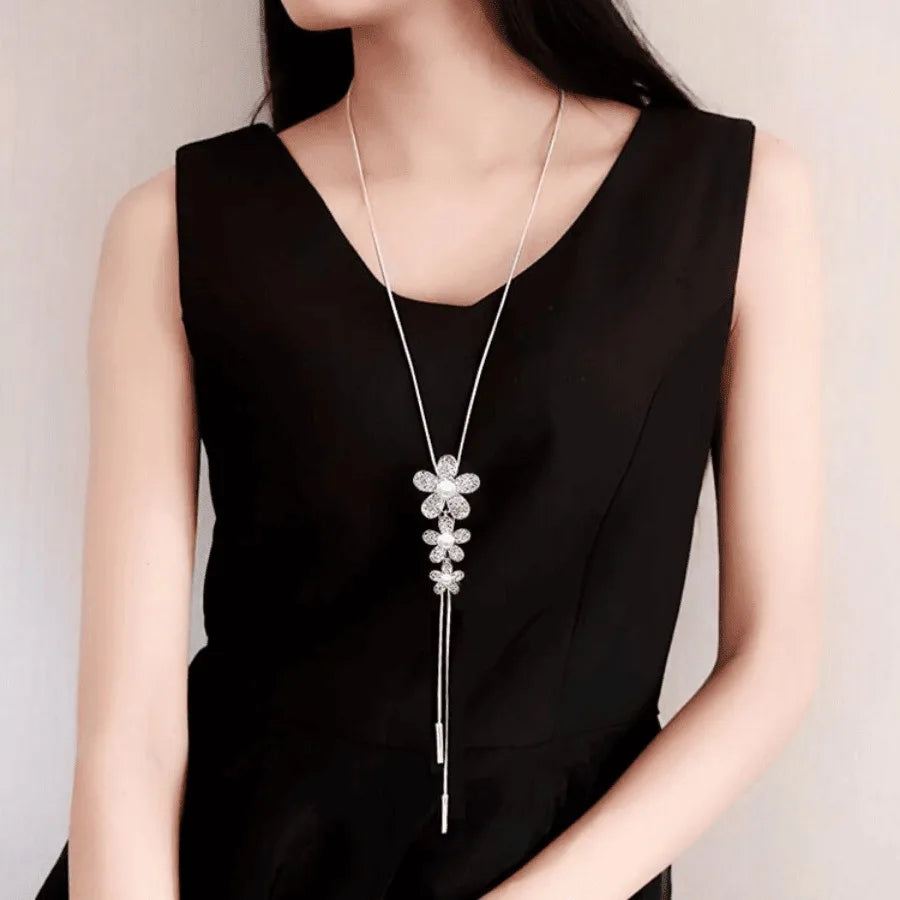 Three Flower Pendant L Necklace Inlaid Faux Pearls Elegant Long Chain Sweater Necklace Sweet Gifts For Friends