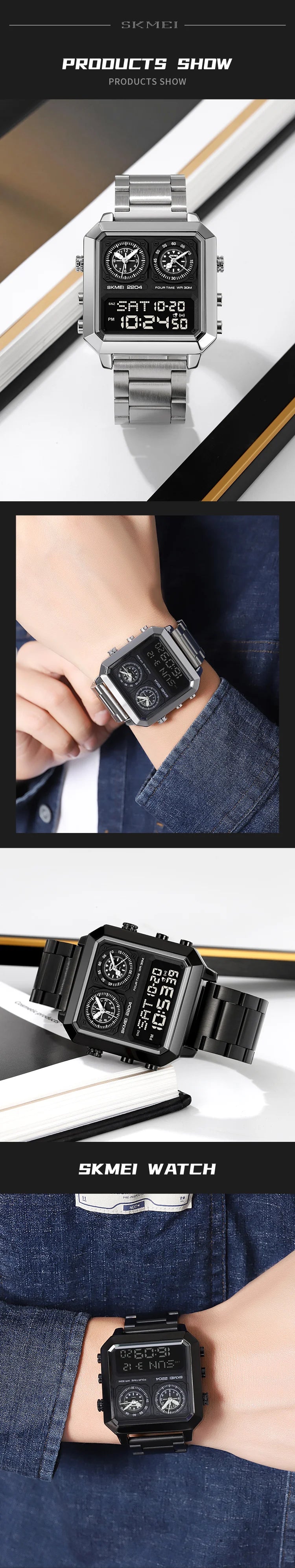 SKMEI Genuine Men's Electronic Watch Square Countdown Mary Gold Stainless Steel Strap 4 Time Timer Alarm Clock EL Luminous 2204