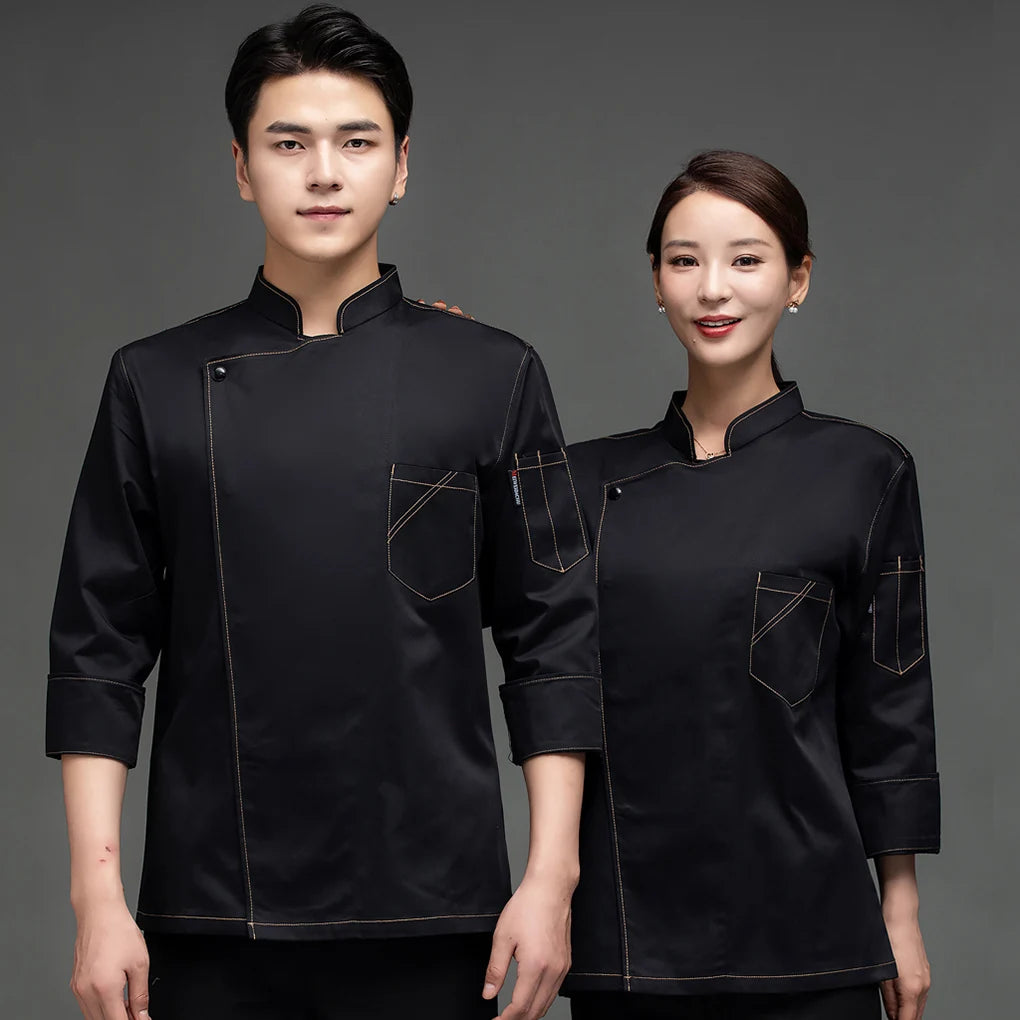 Chef Uniform Long Sleeve Warm Chef Jacket with Front Pockets Oblique Collar Suits for Men Catering for Coffee Bar  Blue XL
