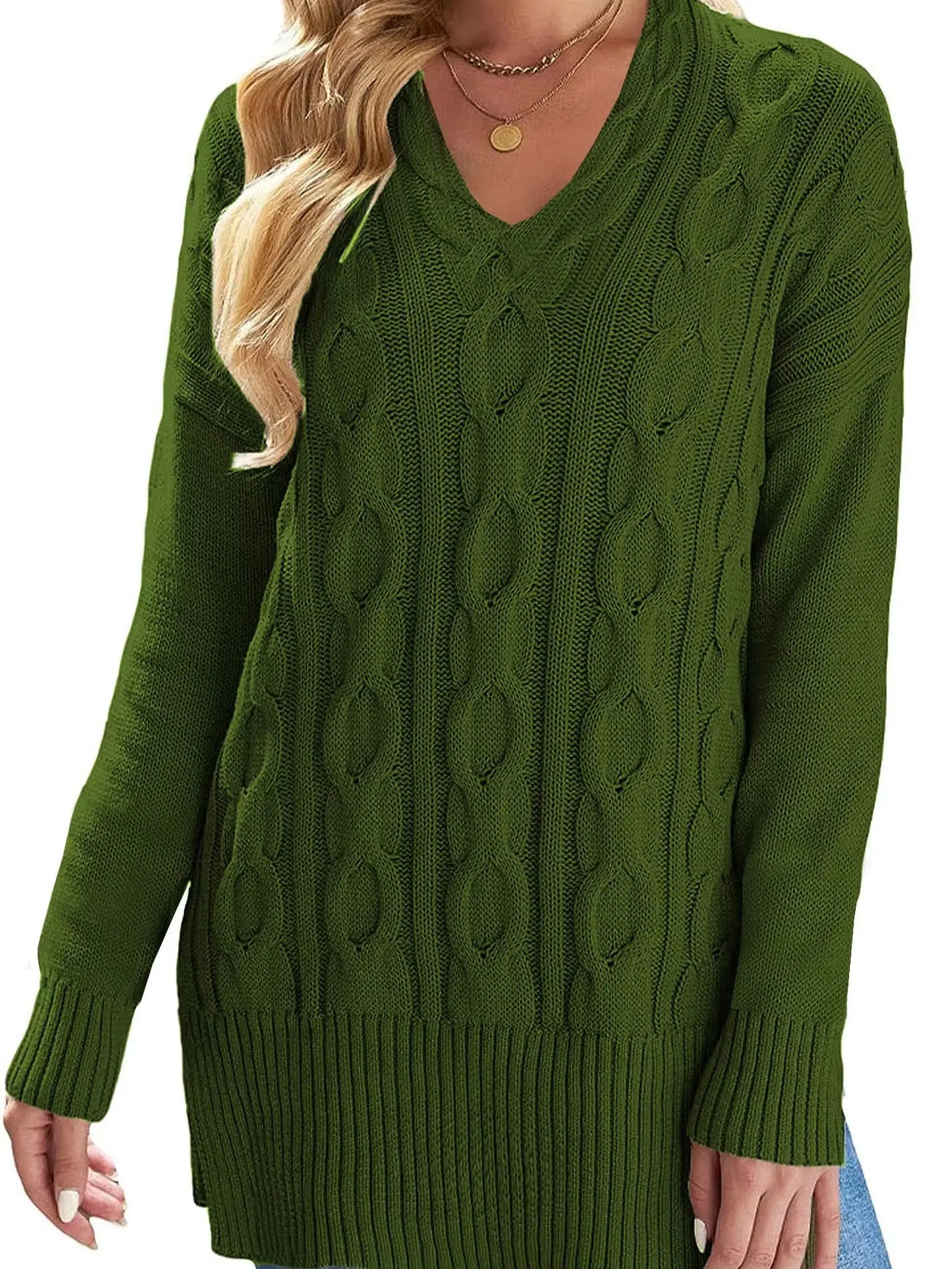 Casual Women's Plus Size Cable Knit Pullover Sweater V Neck Long Sleeve Slit Sweater, Women's Fashionable Plus Size Clothing