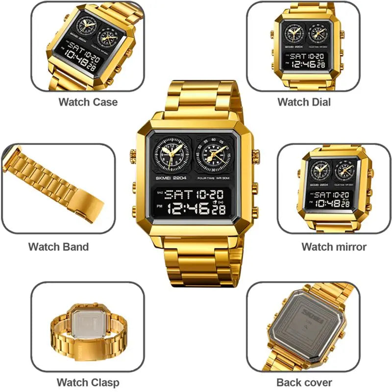 SKMEI Genuine Men's Electronic Watch Square Countdown Mary Gold Stainless Steel Strap 4 Time Timer Alarm Clock EL Luminous 2204