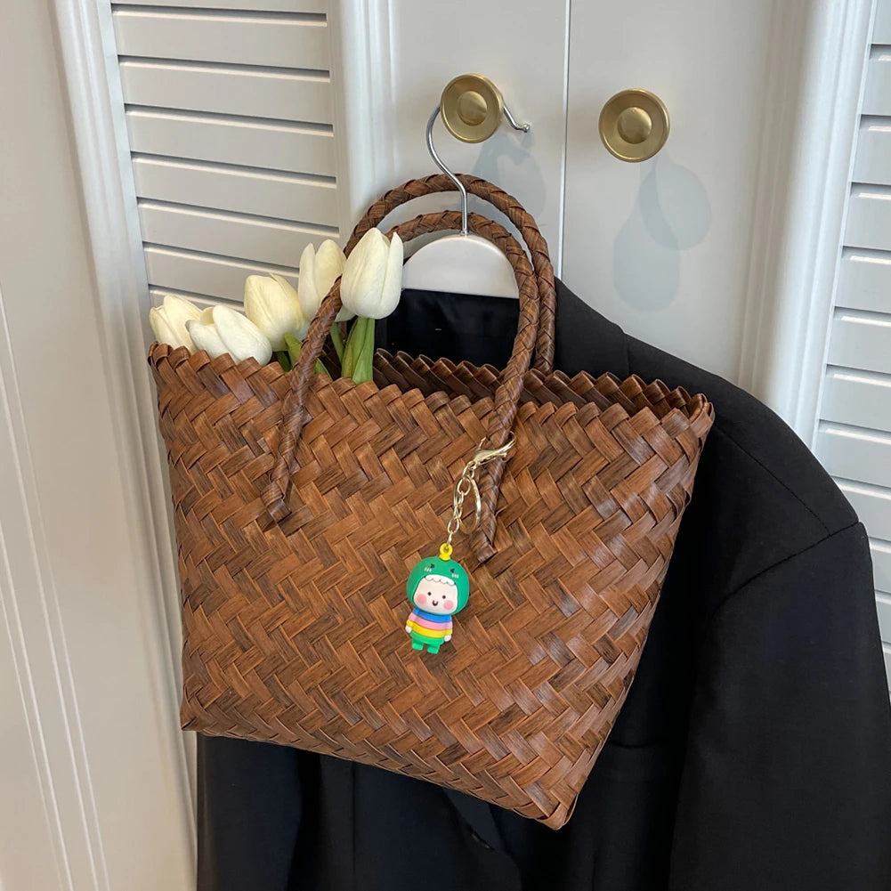 Women Weave Handbags Totes Large Capacity Summer Beach Bags Fashion for Lady for Vacation Travel Daily Casual with Cute Pendant