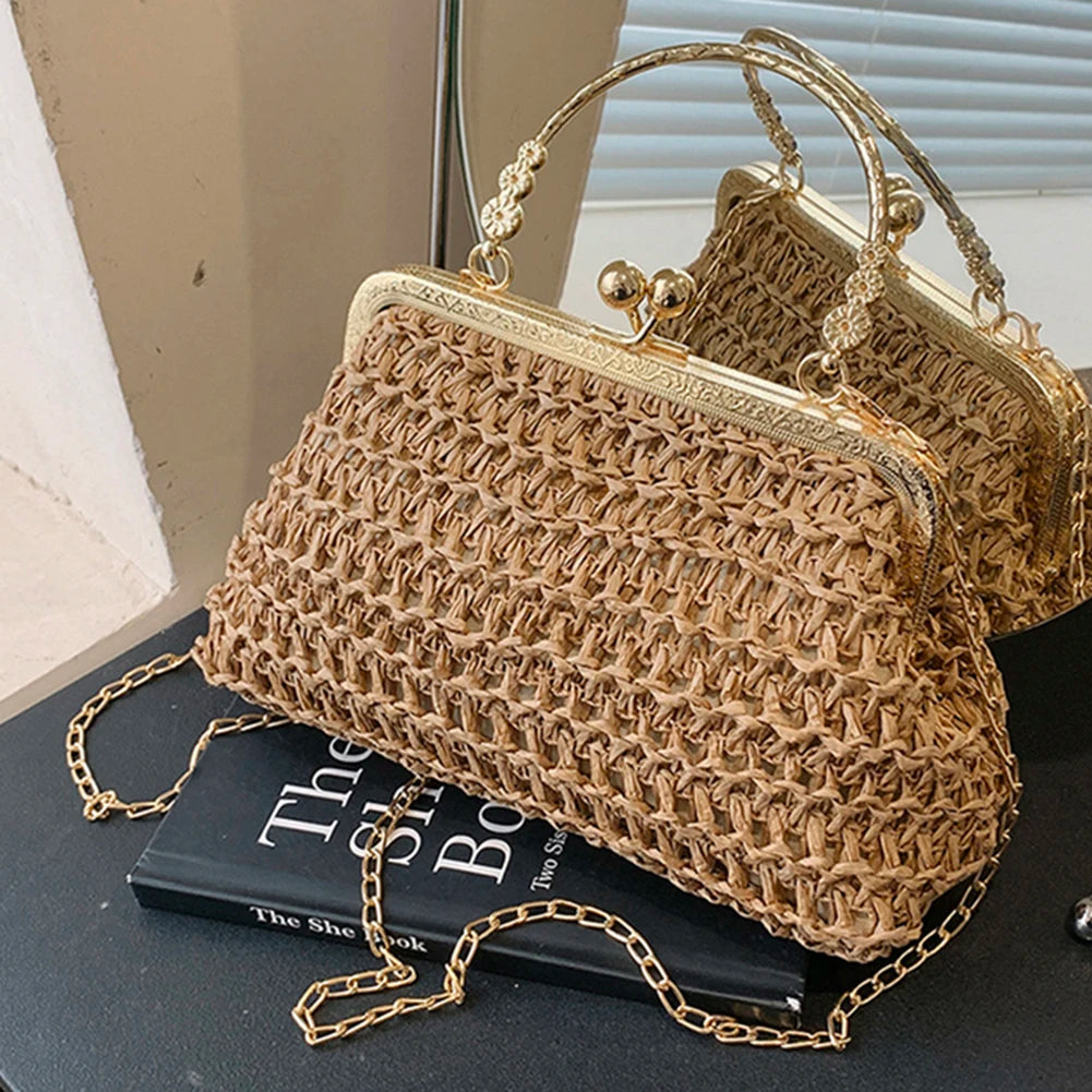 Chain Hand-woven Handbags Summer Woven Tote Bag Simple Texture Dinner Party Handmade Casual Elegant Fashion Portable Evening Bag