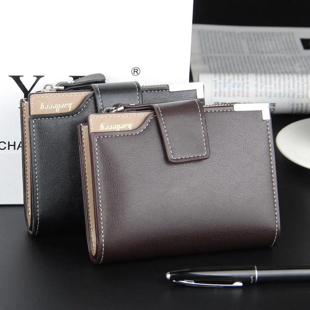Business Mens Short Wallet PU Leather Zipper Coin Pocket Card Holder Casual Male Purses Fashion Three-fold Wallet with ID Window