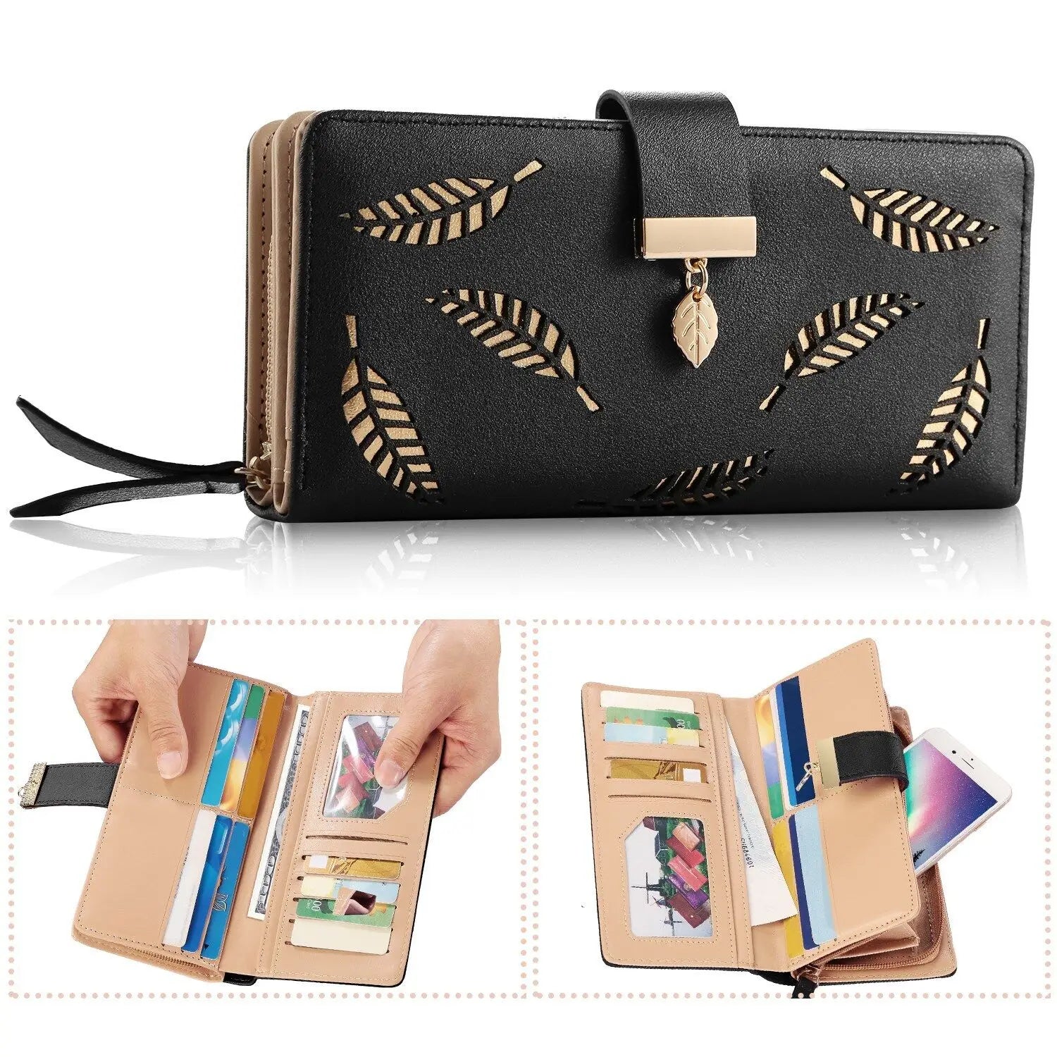 Women's Wallet PU Leather Female Long Wallet Hollow Leaves Handbag Phone Pouch For Women Gifts Coin Purse Card Holders Clutch