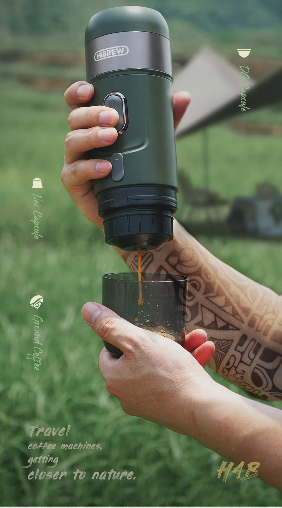 HiBREW Wireless Electric Portable Espresso Coffee Machine for Car & Home Camping Coffee Maker Fit Nespresso Dolce Capsule Powder