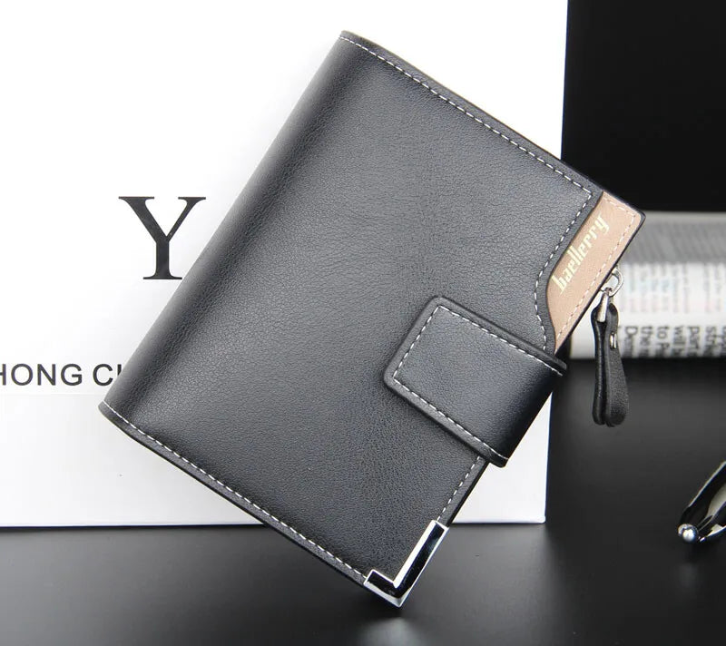 Business Mens Short Wallet PU Leather Zipper Coin Pocket Card Holder Casual Male Purses Fashion Three-fold Wallet with ID Window